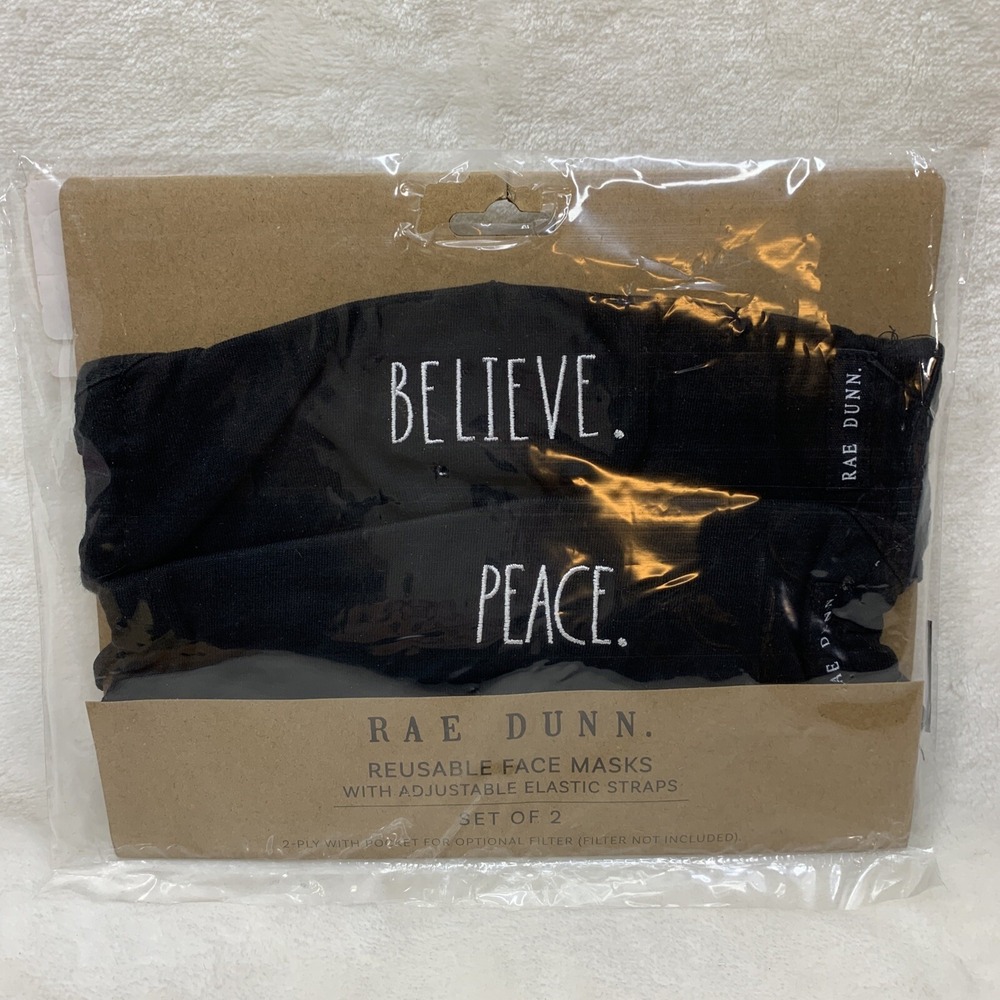 Rae Dunn Face Masks Black SET‎ OF 2 Cotton Reusable NEW "Believe and Peace"